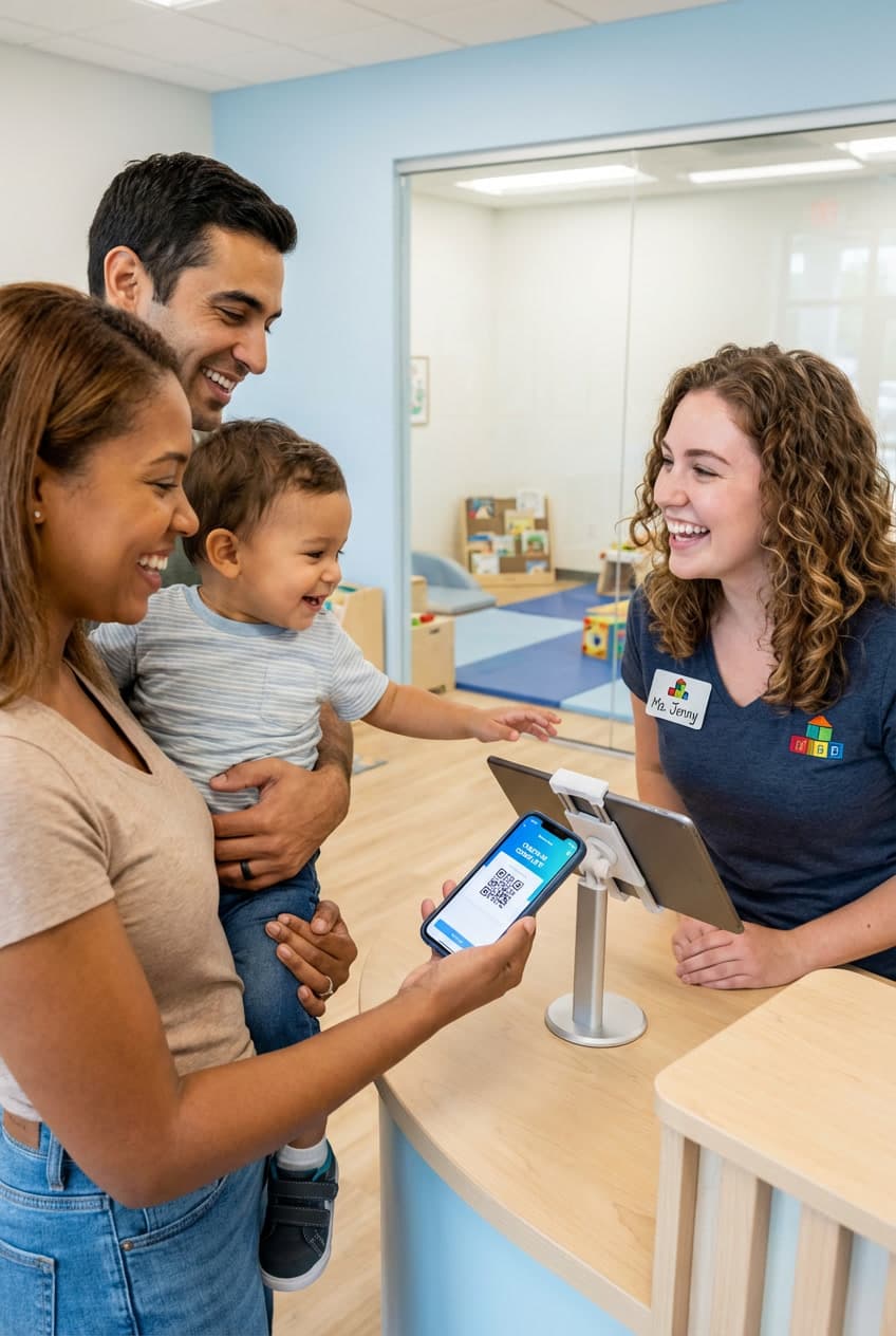 Parents dropping off their child at a DropIn daycare center